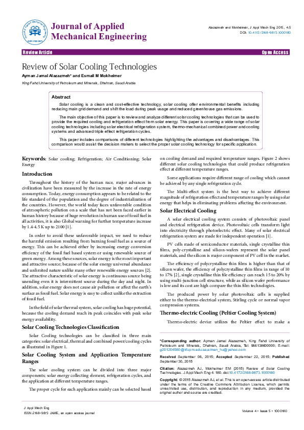 (PDF) Review of Solar Cooling Technologies