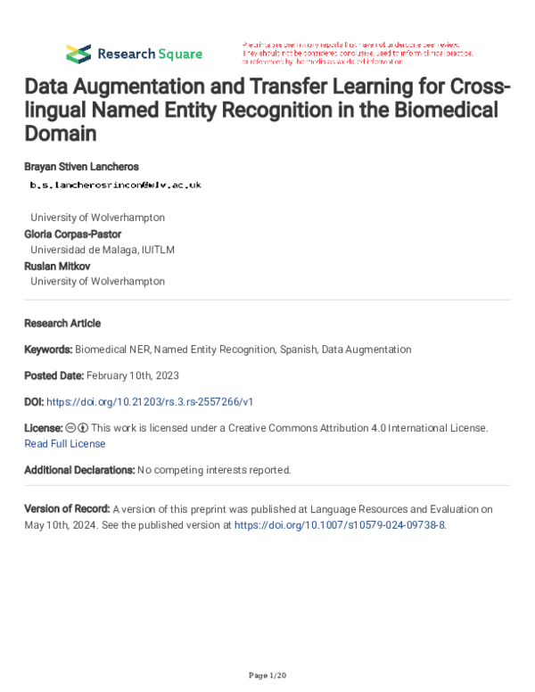 (PDF) Data Augmentation and Transfer Learning for Cross-lingual Named ...