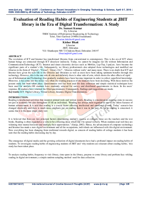 (PDF) Evaluation of Reading Habits of Engineering Students at Jbit ...