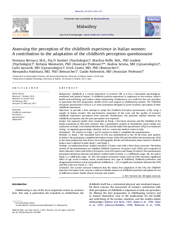 (PDF) Assessing the perception of the childbirth experience in Italian ...