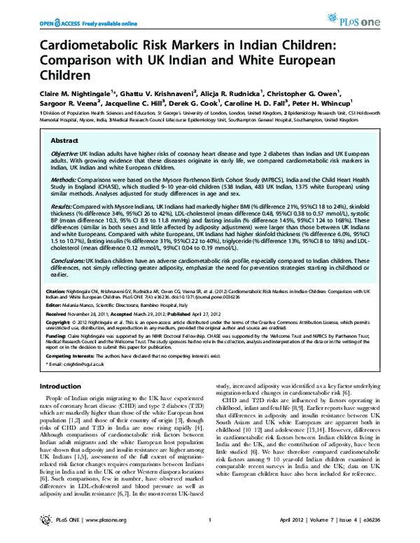 (PDF) Cardiometabolic Risk Markers in Indian Children: Comparison with ...