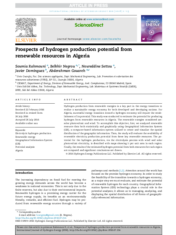 (PDF) Prospects of hydrogen production potential from renewable ...