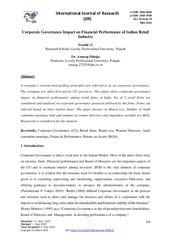 (PDF) Corporate Governance Impact on Financial Performance of Indian ...