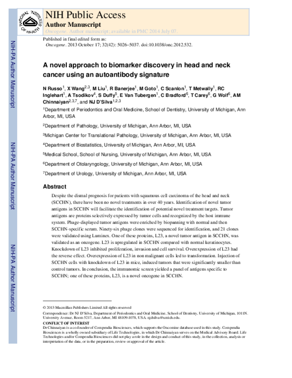 (PDF) A novel approach to biomarker discovery in head and neck cancer ...