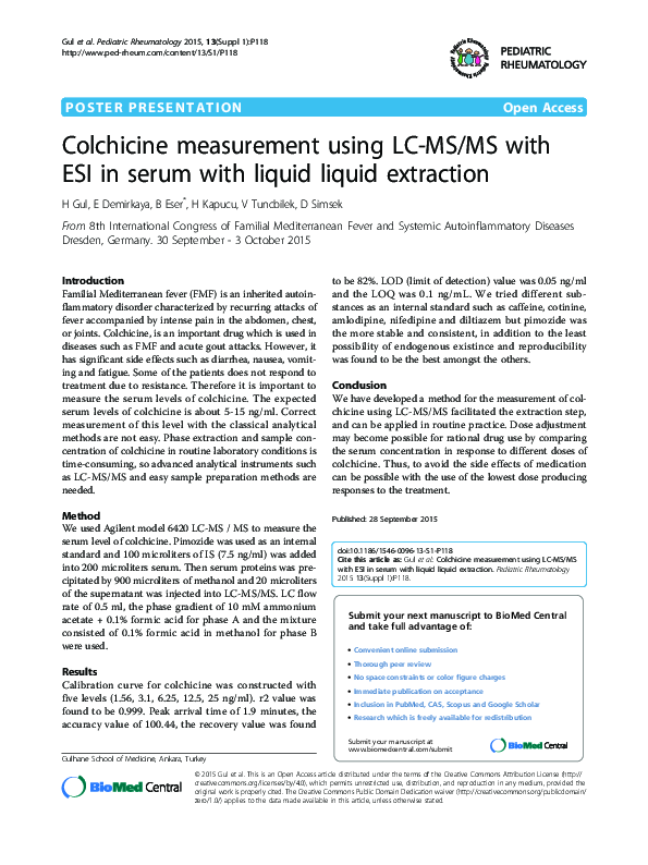 (PDF) Colchicine measurement using LC-MS/MS with ESI in serum with ...