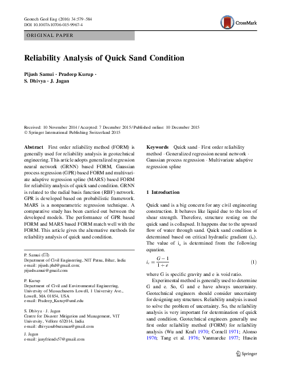 (PDF) Reliability Analysis of Quick Sand Condition