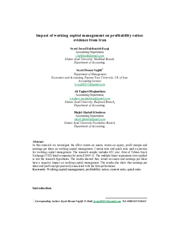 (PDF) Impact of working capital management on profitability ratios ...