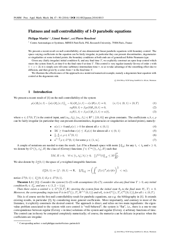 (PDF) Flatness and null controllability of 1-D parabolic equations