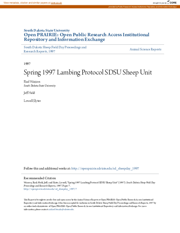 (PDF) Spring 1997 Lambing Protocol SDSU Sheep Unit