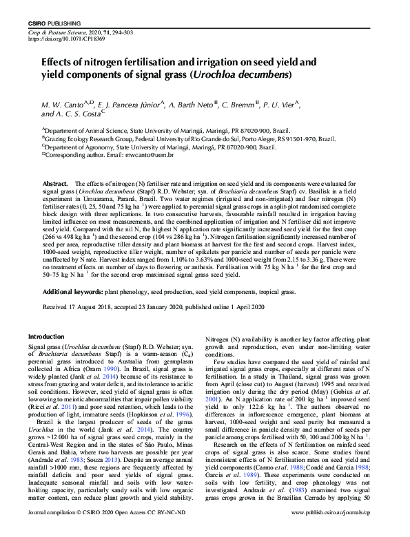 (PDF) Effects of nitrogen fertilisation and irrigation on seed yield ...