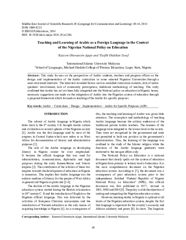 (PDF) Teaching and Learning of Arabic as a Foreign Language in the ...