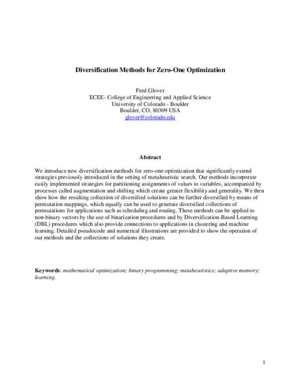 (PDF) Diversification methods for zero-one optimization
