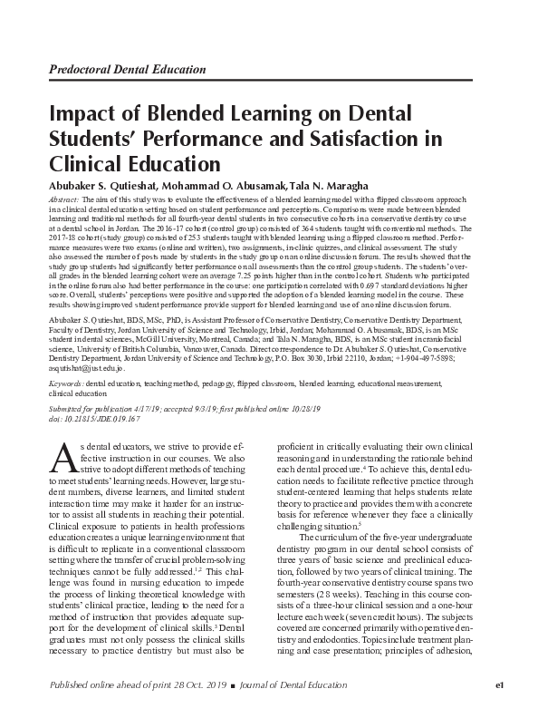 (PDF) Impact of Blended Learning on Dental Students' Performance and ...