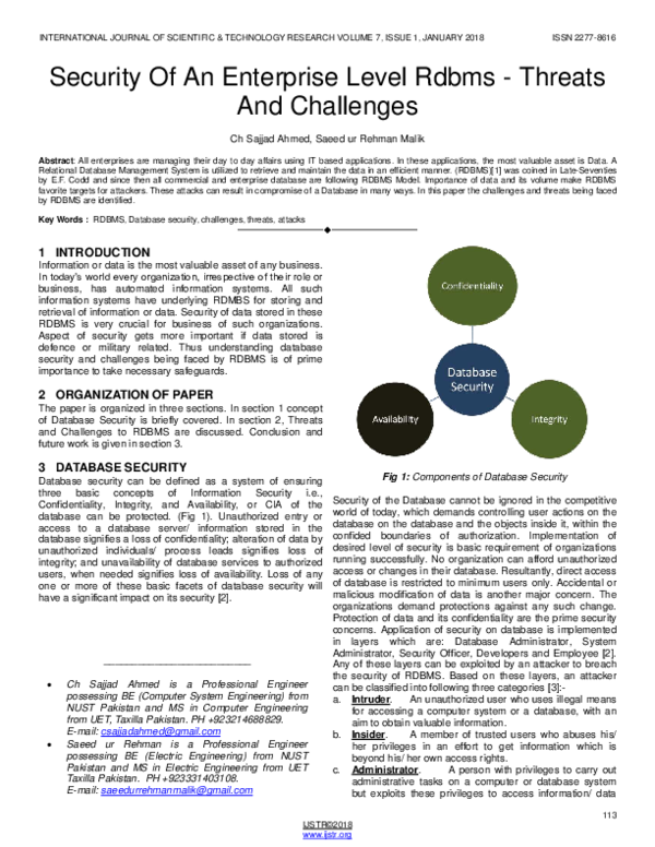 (PDF) Security Of An Enterprise Level Rdbms - Threats And Challenges