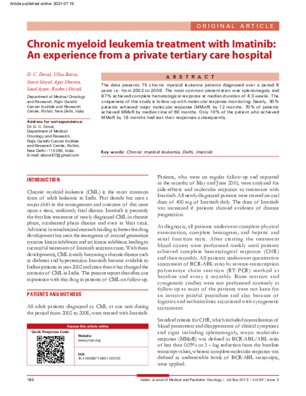 (PDF) Chronic myeloid leukemia treatment with Imatinib: An experience ...