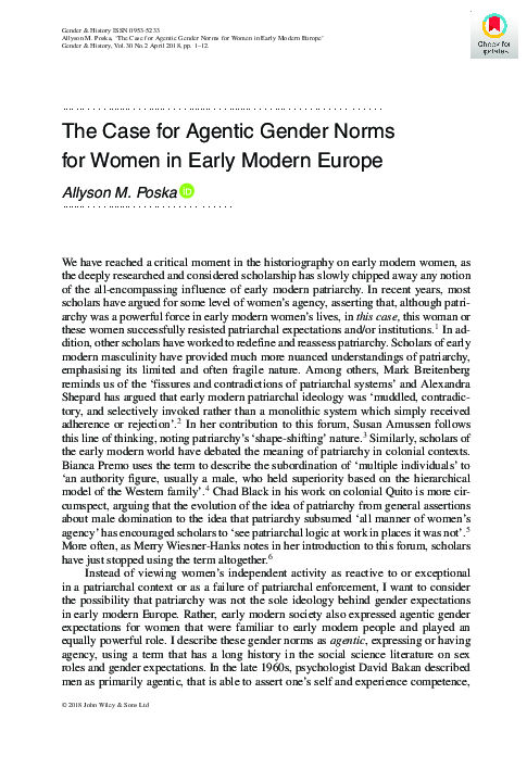 (PDF) The Case for Agentic Gender Norms for Women in Early Modern Europe