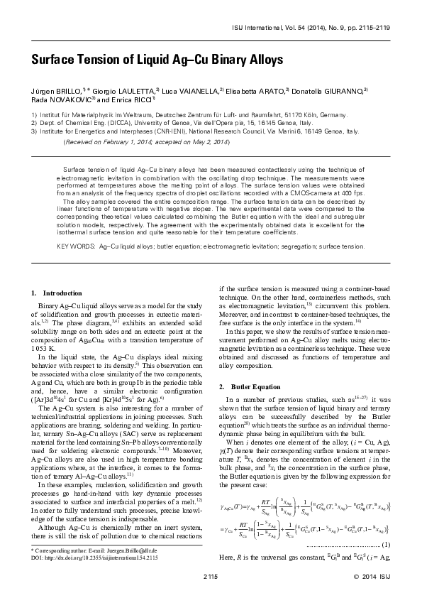 (PDF) Surface Tension of Liquid Ag–Cu Binary Alloys