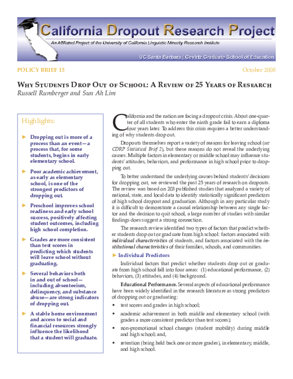 (PDF) Why students drop out of school: A review of 25 years of research