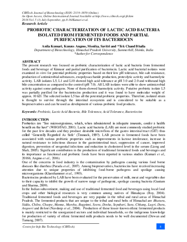 (PDF) Probiotic characterization of lactic acid bacteria isolated from ...