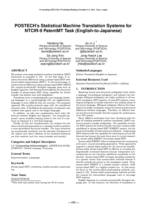 (PDF) POSTECH's Statistical Machine Translation Systems for NTCIR-9 ...