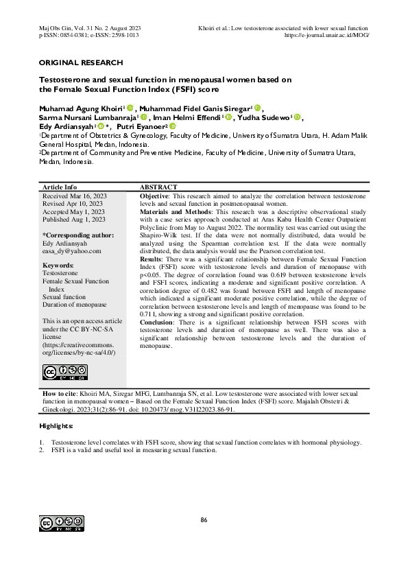 (PDF) Testosterone and sexual function in menopausal women based on the ...