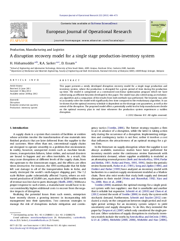 (PDF) A disruption recovery model for a single stage production ...