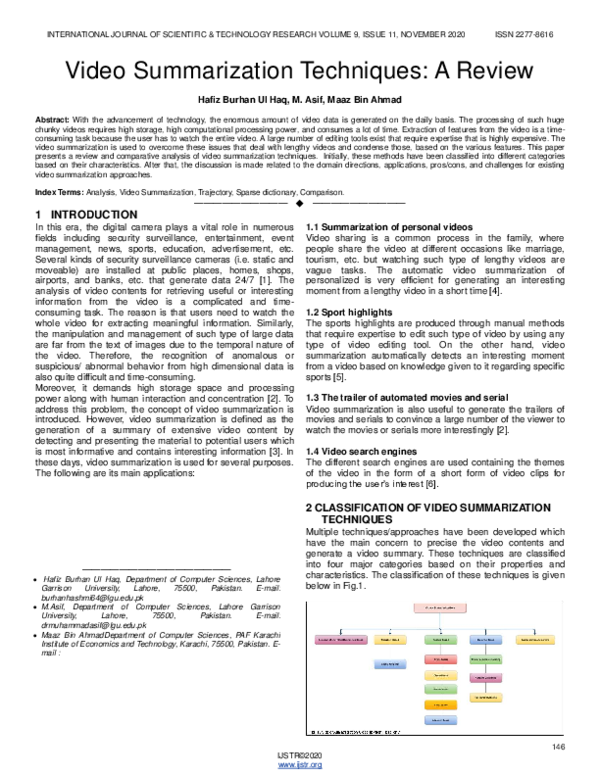 (PDF) Video Summarization Techniques: A Review