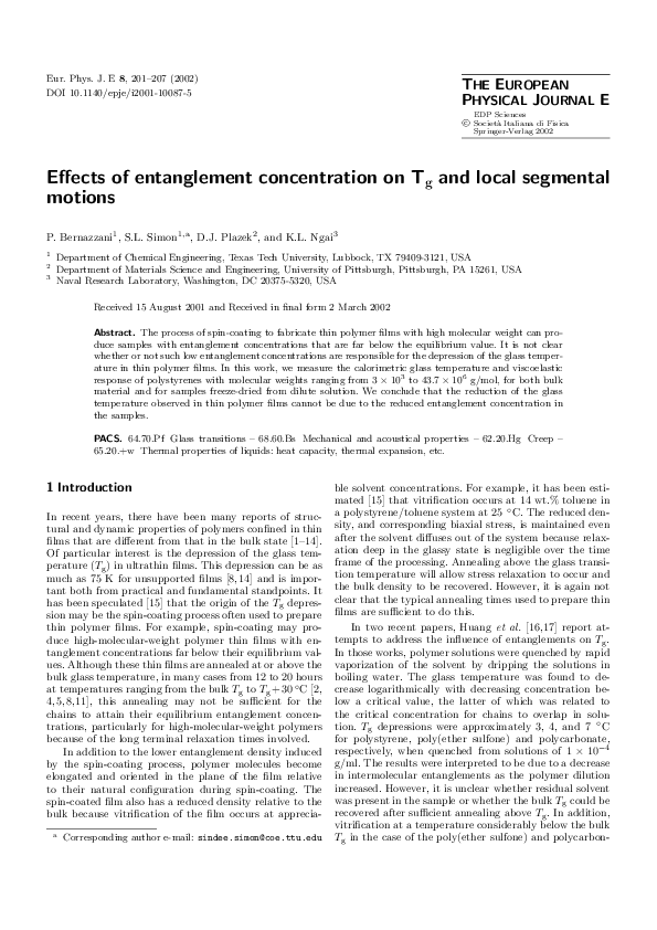 (PDF) Effects of entanglement concentration on Tg and local segmental ...