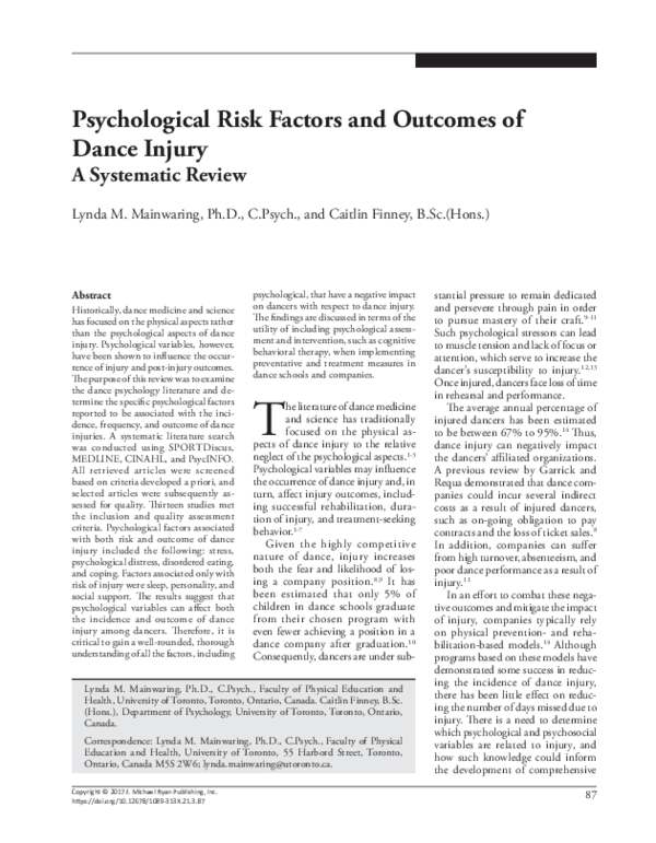 (PDF) Psychological Risk Factors and Outcomes of Dance Injury: A ...