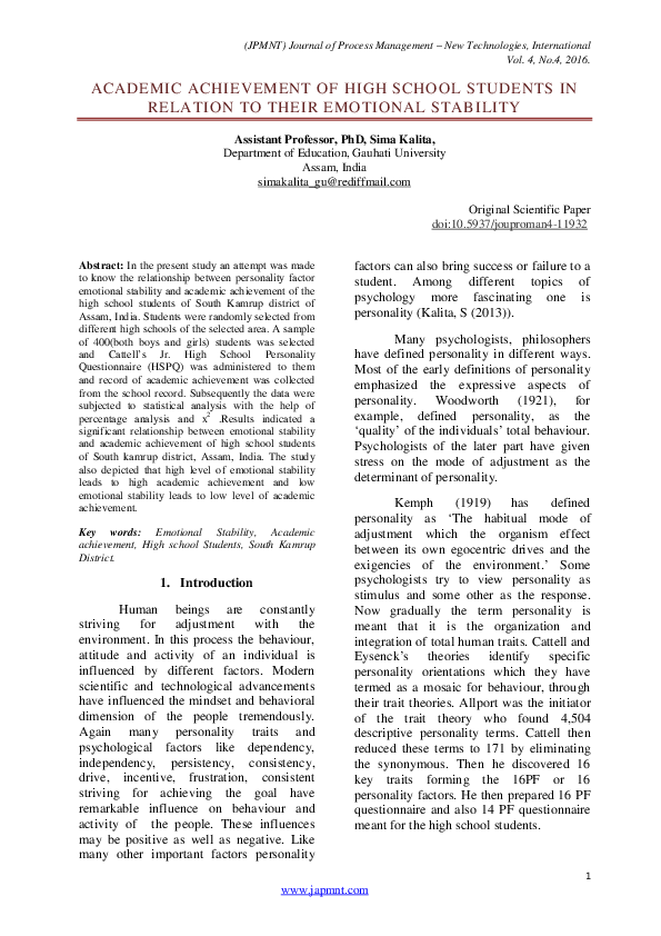 (PDF) Academic achievement of high school students in relation to their ...