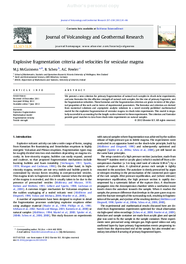 (PDF) Explosive fragmentation criteria and velocities for vesicular magma