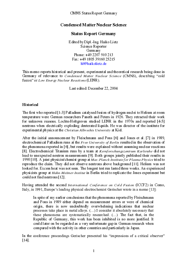 (PDF) Condensed Matter Nuclear Science Status Report Germany
