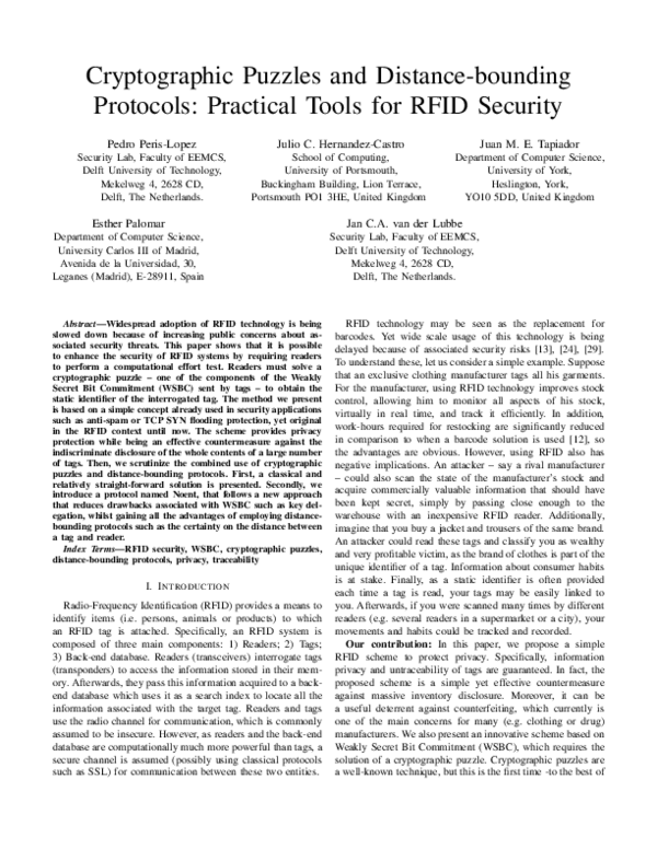 (PDF) Cryptographic puzzles and distance-bounding protocols: Practical ...