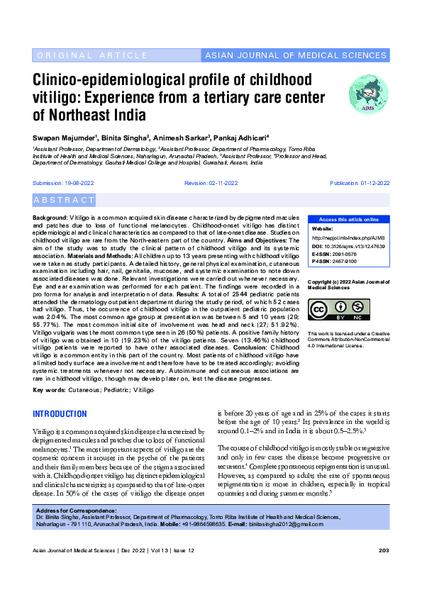 (PDF) Clinico-epidemiological profile of childhood vitiligo: Experience ...