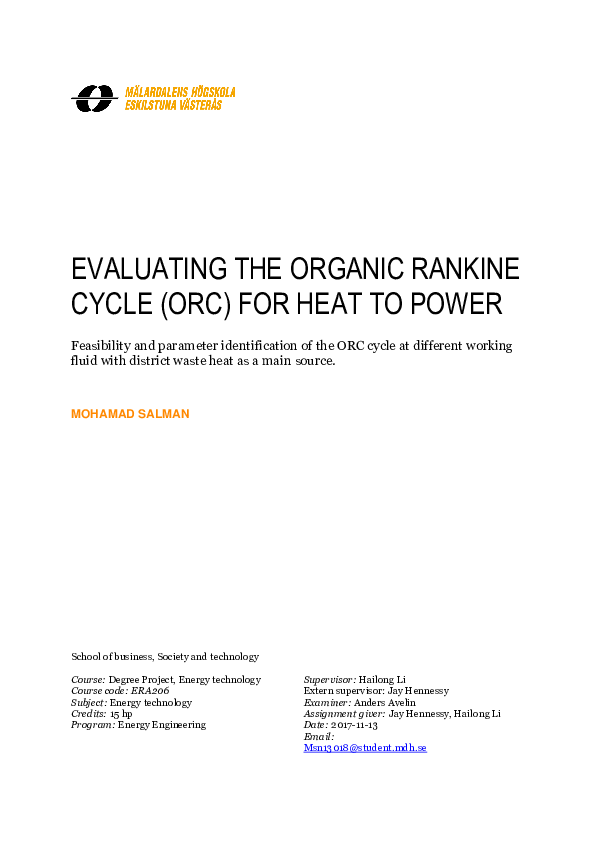 (PDF) EVALUATING THE ORGANIC RANKINE CYCLE (ORC) FOR HEAT TO POWER ...