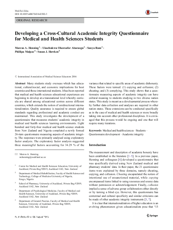 (PDF) Developing a Cross-Cultural Academic Integrity Questionnaire for ...