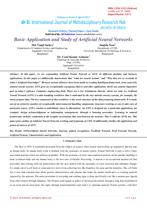 (PDF) Basic Application and Study of Artificial Neural Networks