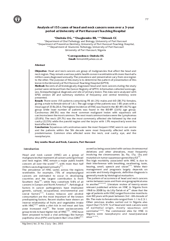 (PDF) Analysis of 155 cases of head and neck cancers seen over a 3-year ...