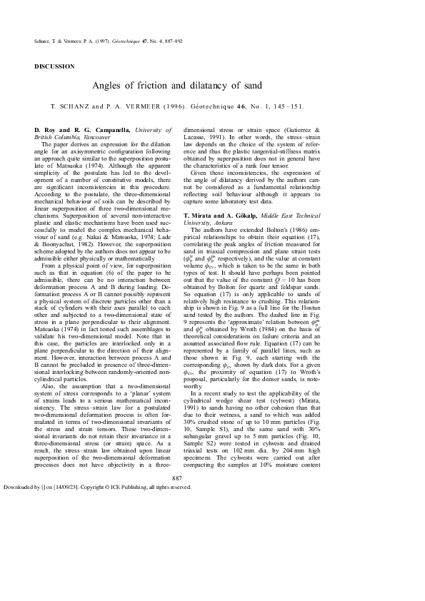 (PDF) Discussion: Angles of friction and dilatancy of sand