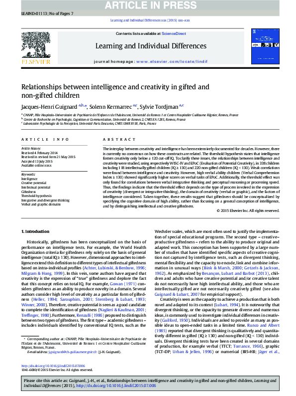 (PDF) Relationships between intelligence and creativity in gifted and ...
