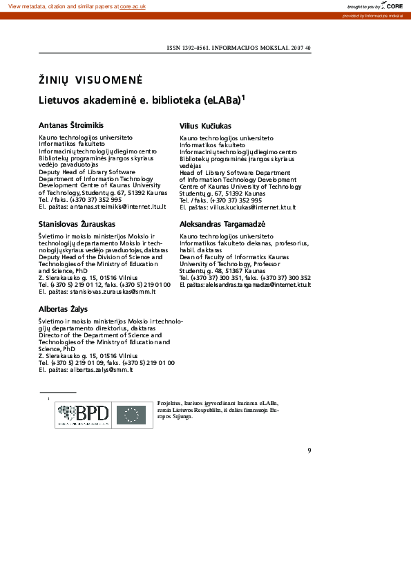 (PDF) Lietuvos akademinė e. biblioteka (eLABa)