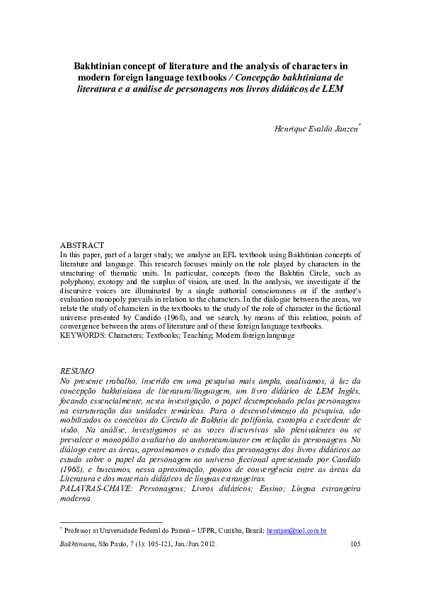 (PDF) Bakhtinian concept of literature and the analysis of characters ...