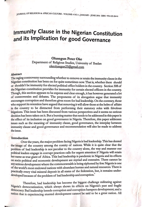 (PDF) Immunity Clause in Nigeria Constitution and its implication for ...