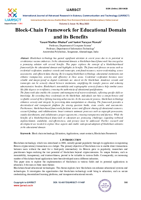 (PDF) Block-Chain Framework for Educational Domain and its Benefits