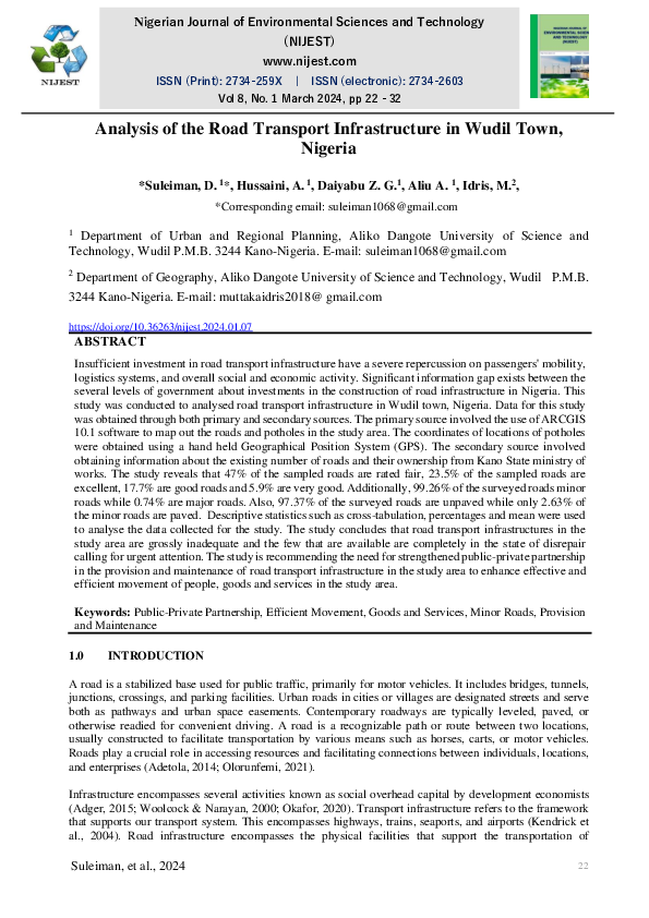 (PDF) Analysis of the Road Transport Infrastructure in Wudil Town, Nigeria