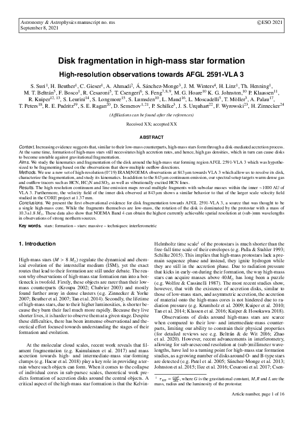 (PDF) Disk fragmentation in high-mass star formation. High-resolution ...