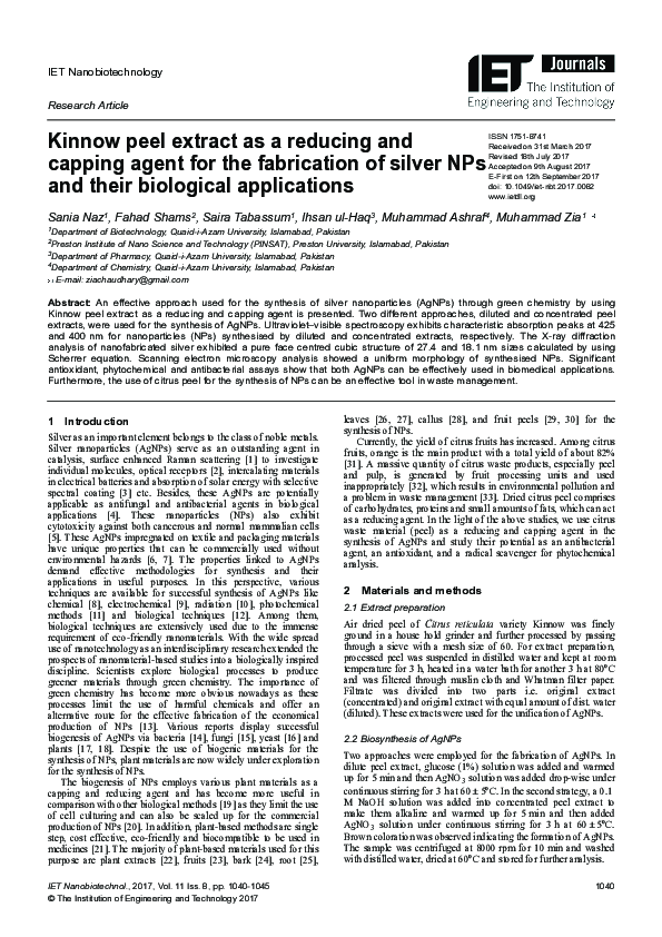 (PDF) Kinnow peel extract as a reducing and capping agent for the ...