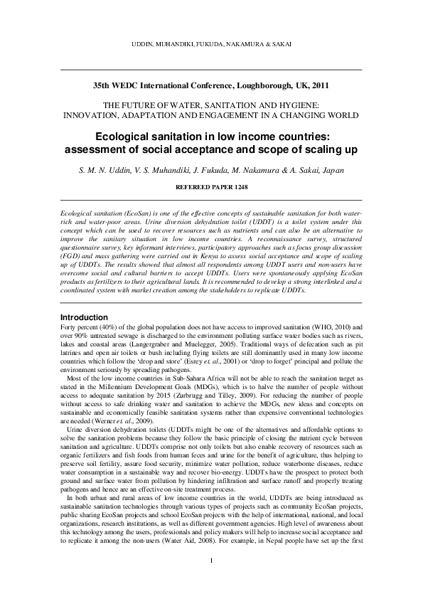 (PDF) Ecological sanitation in low income countries: assessment of ...
