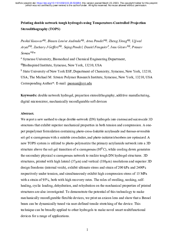 (PDF) Printing double network tough hydrogels using Temperature ...