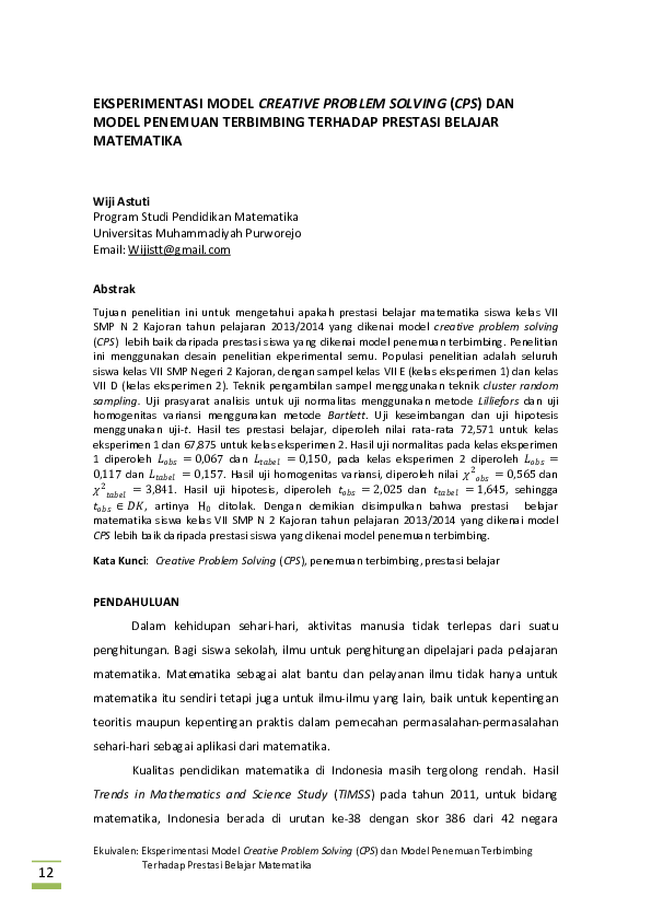 (PDF) Eksperimentasi Model Creative Problem Solving (CPS) Dan Model ...